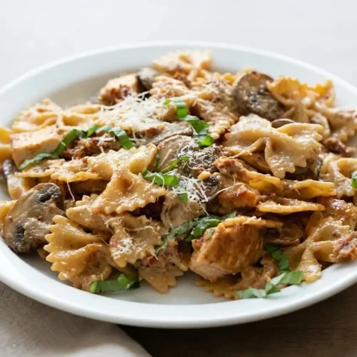 Chicken Pasta Milano with bow tie pasta, golden seared chicken, mushrooms, and sun-dried tomatoes in garlic cream sauce.