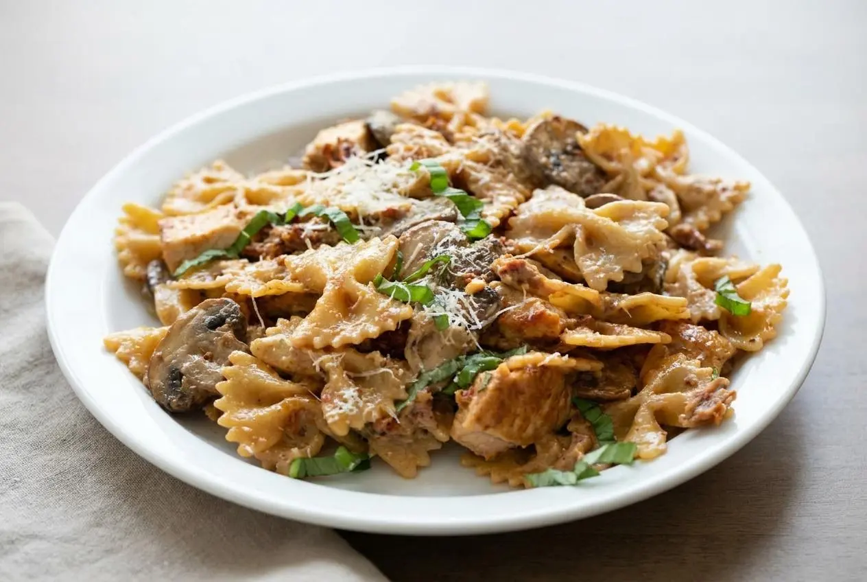 Chicken Pasta Milano with bow tie pasta, golden seared chicken, mushrooms, and sun-dried tomatoes in garlic cream sauce.