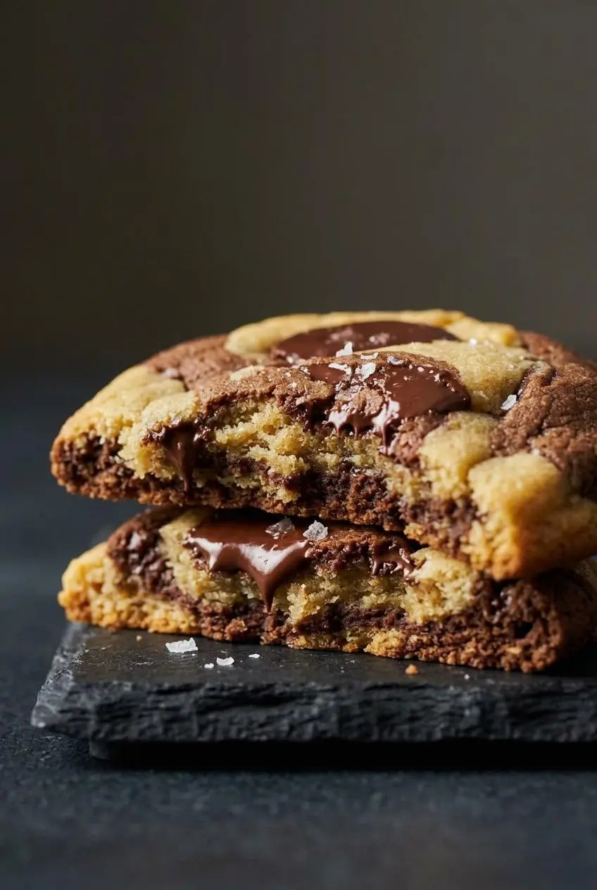 A broken cookie revealing a thick, dense crumb with glossy melted chocolate and distinct layers of vanilla and cocoa dough.