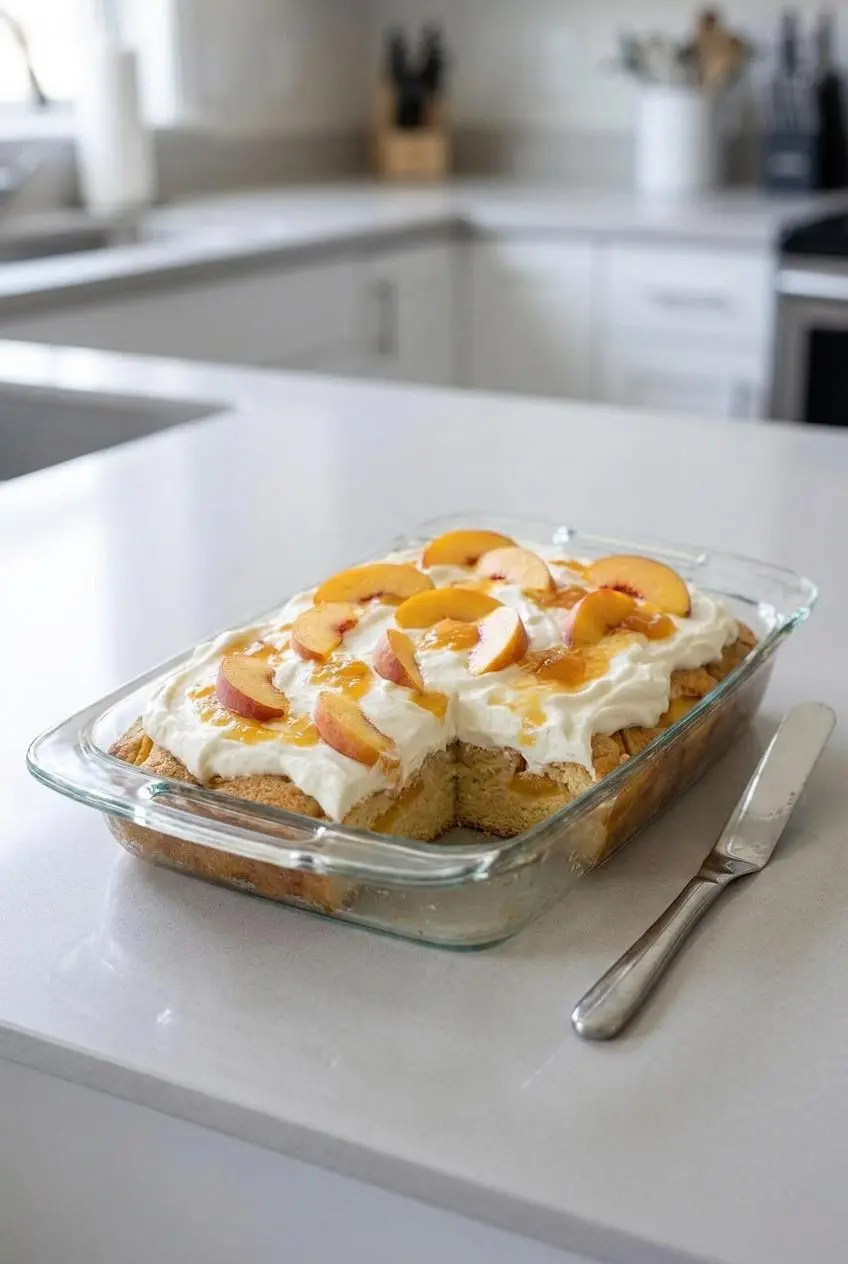 Chilled peaches and cream granny cake in a ceramic baking dish with one square slice neatly cut.