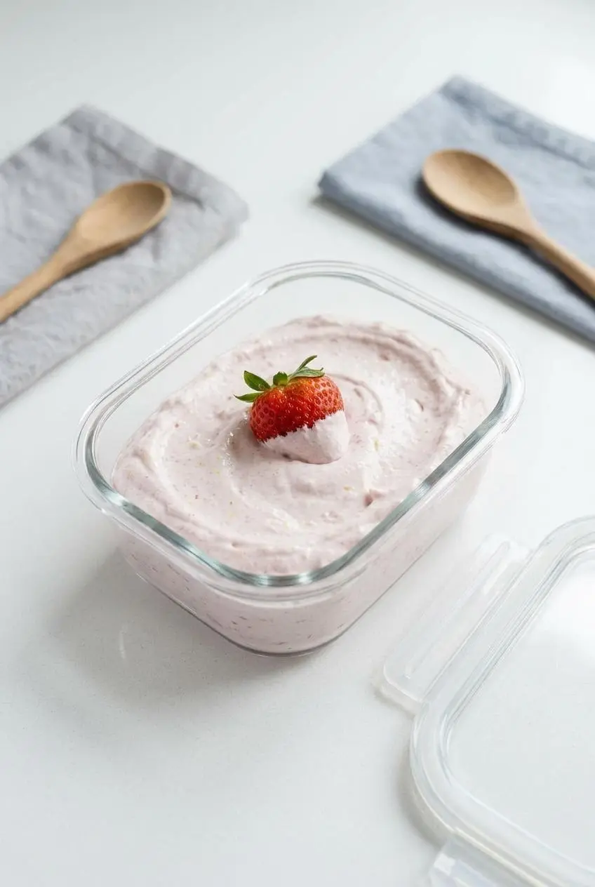 Chilled pink fruit dip stored in a clear glass airtight container on a white counter.