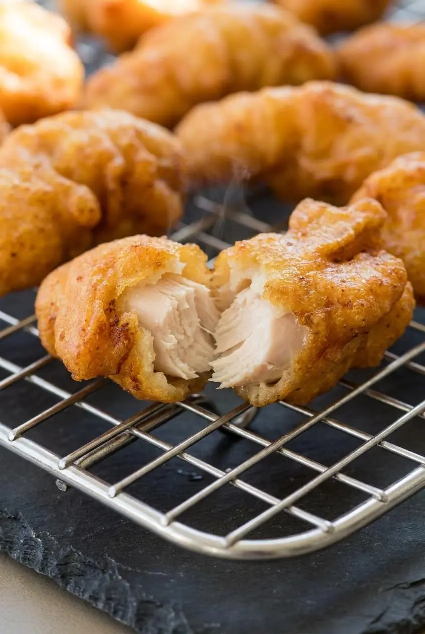 Close-up of a broken open puffy chicken finger revealing tender white meat inside a crunchy golden shell.