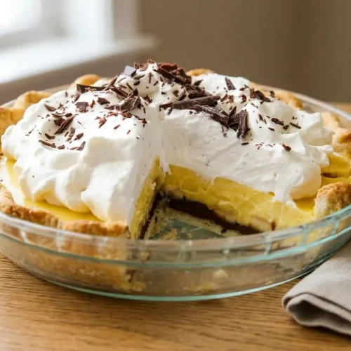 A slice of chocolate banana cream pie with layered custard, bananas, and a mountain of fluffy whipped cream.