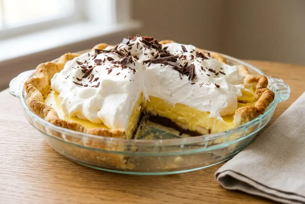 A slice of chocolate banana cream pie with layered custard, bananas, and a mountain of fluffy whipped cream.