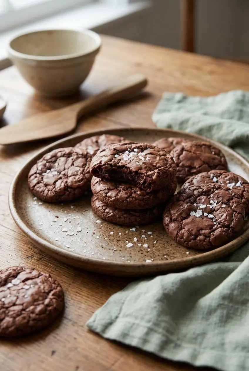 Glossy chocolate cookies sprinkled with large flakes of sea salt served on a rustic ceramic plate.