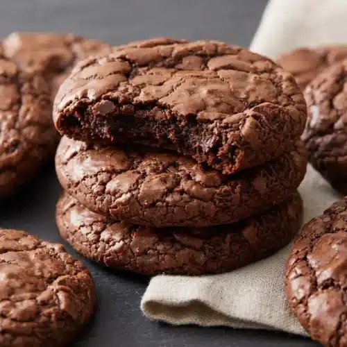 Freshly baked chocolate brownie cookies showing their shiny crackly tops and thick fudgy edges.