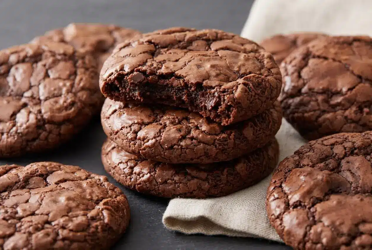 Freshly baked chocolate brownie cookies showing their shiny crackly tops and thick fudgy edges.
