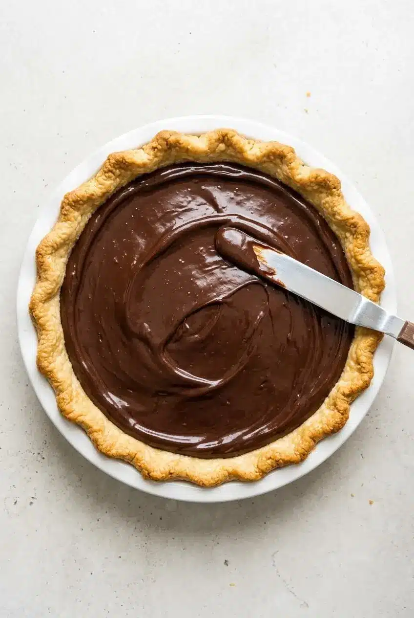An offset spatula spreading dark chocolate ganache over a golden blind-baked pastry crust.