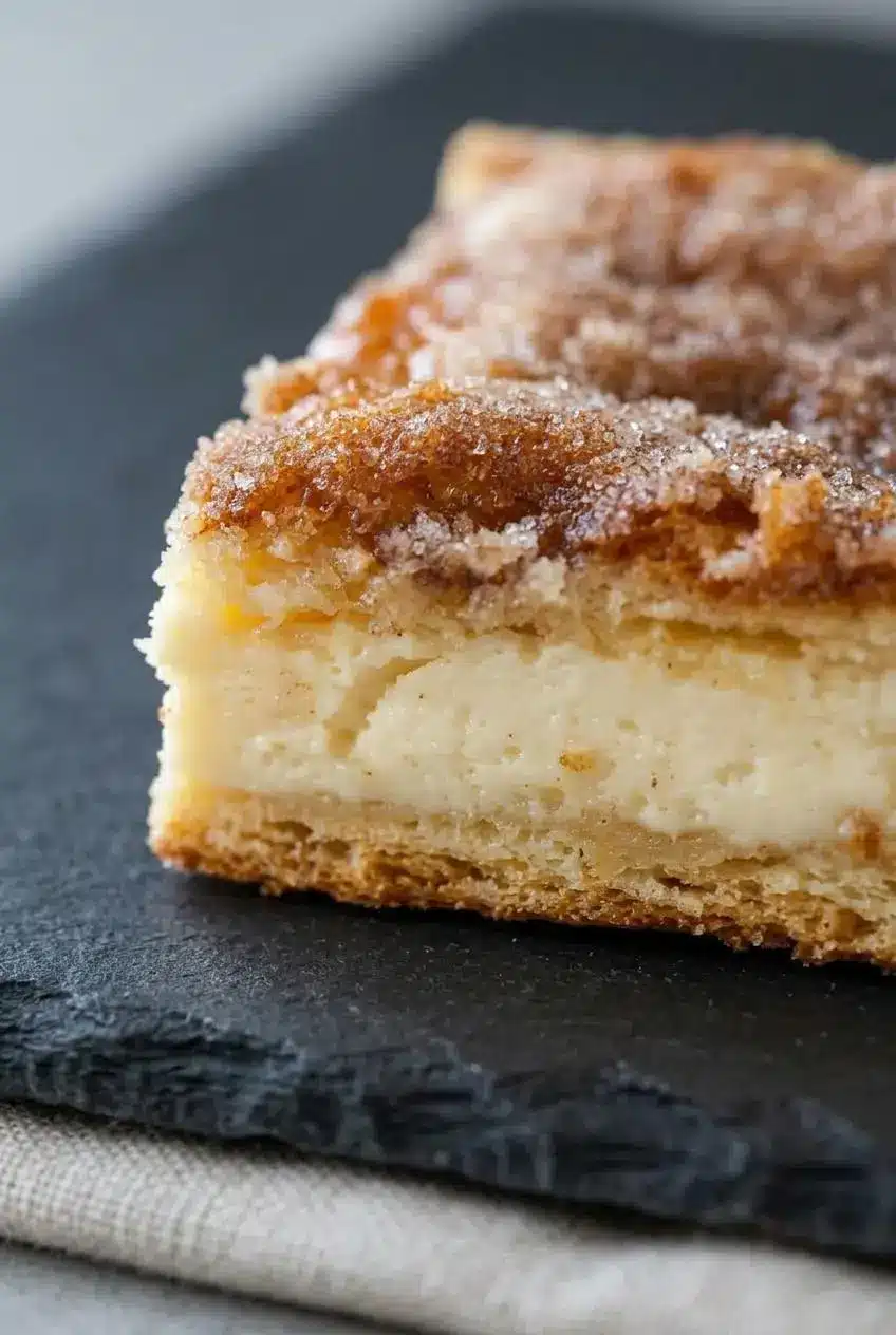 Close up of a sliced churro cheesecake bar showing the flaky pastry layers and creamy filling.