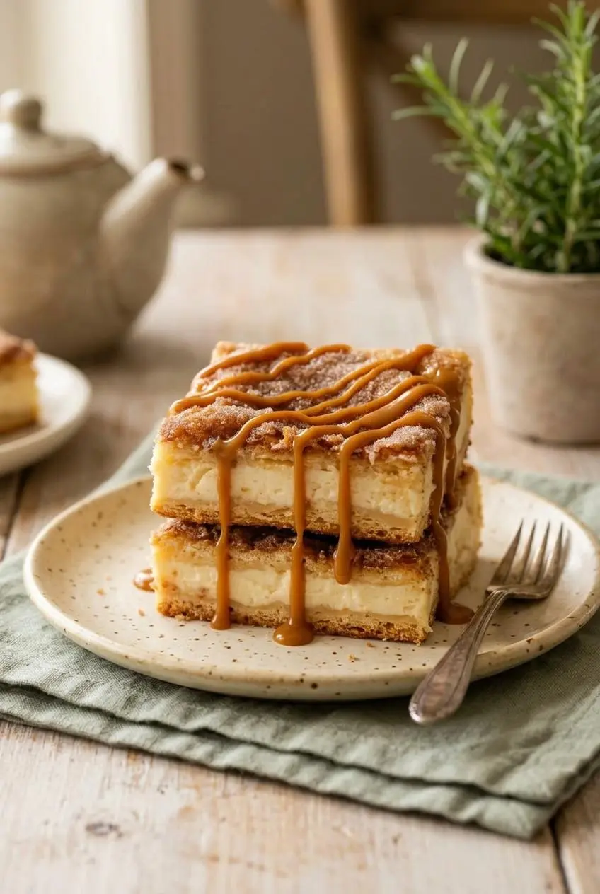 Two sliced churro cheesecake bars on a plate with a drizzle of warm dulce de leche.