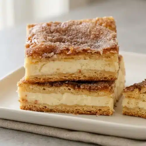 Golden baked Churro Cheesecake Bars sliced in a pan with a crisp cinnamon sugar crust.