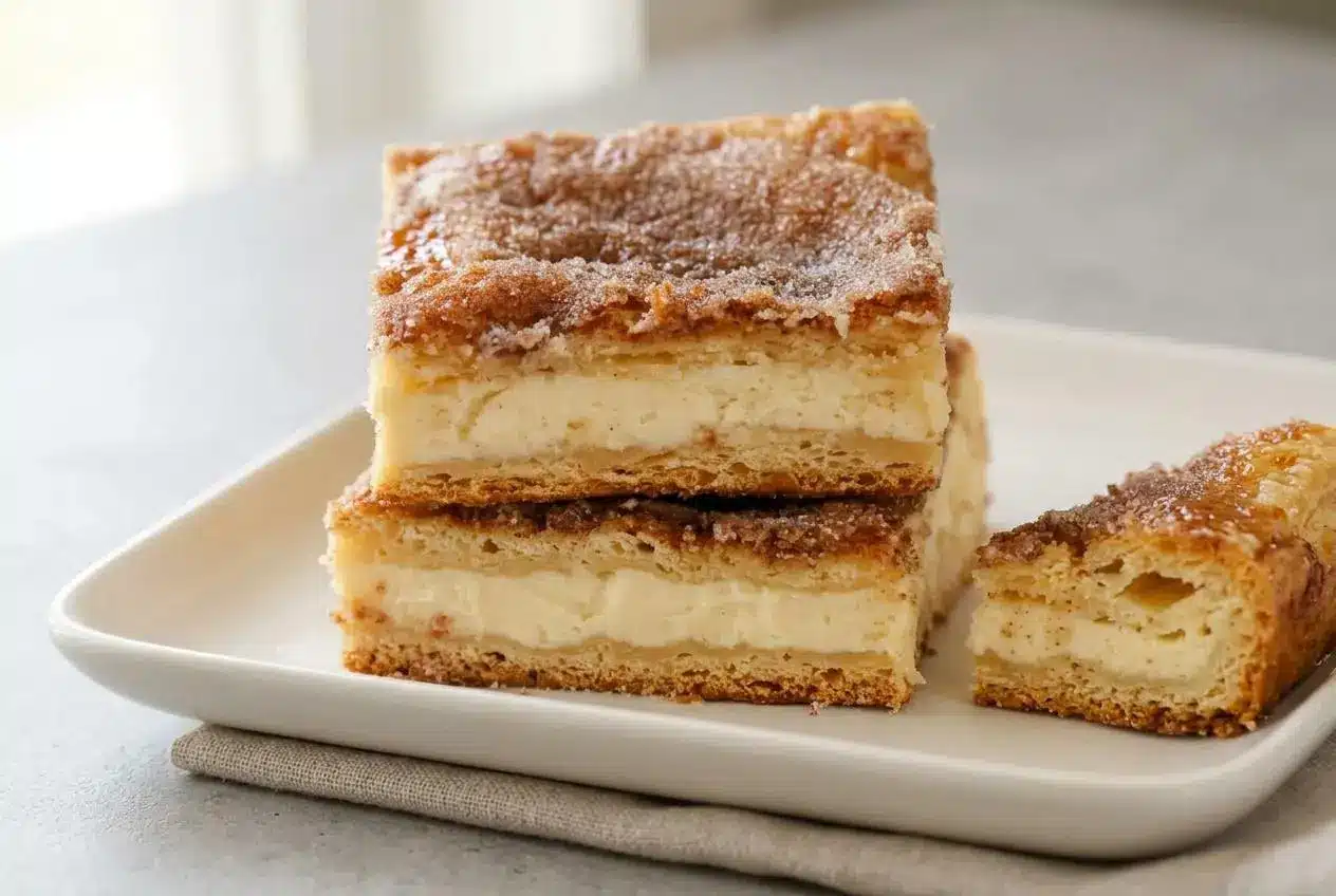 Golden baked Churro Cheesecake Bars sliced in a pan with a crisp cinnamon sugar crust.