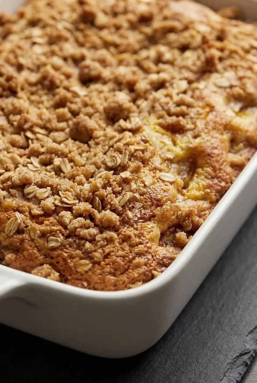 Close-up view of craggy golden cinnamon oat streusel clusters baked on top of a cake.