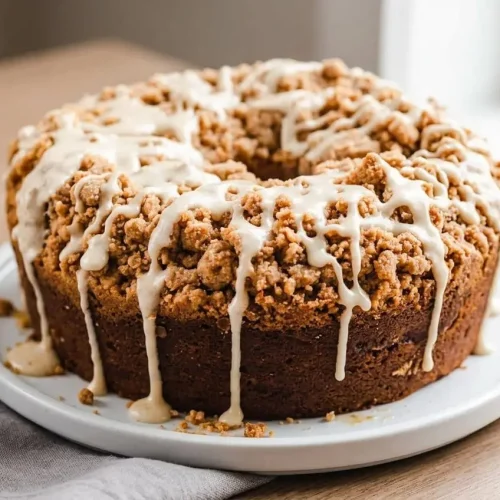 Cinnamon Swirl Bundt Coffee Cake on a cake stand with a glossy, golden-brown butter glaze cascading down the sides.