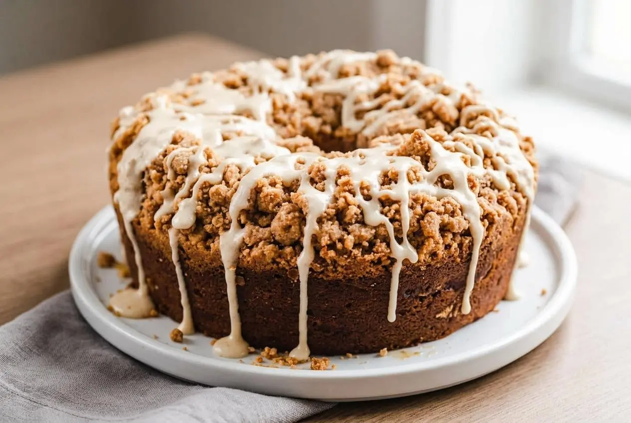 Cinnamon Swirl Bundt Coffee Cake on a cake stand with a glossy, golden-brown butter glaze cascading down the sides.