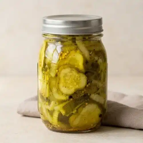 Canning jar of sliced bread and butter pickles with golden turmeric brine, yellow mustard seeds, and sliced onions.