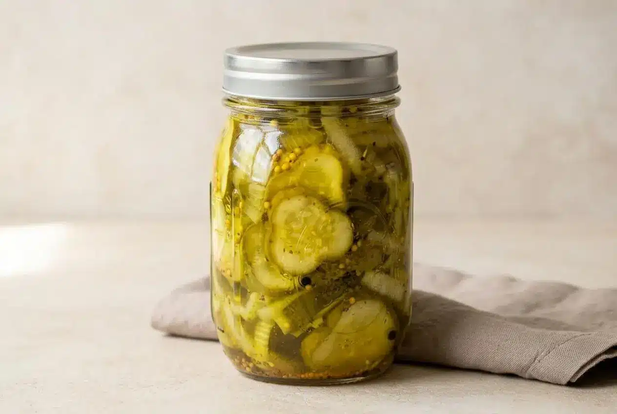 Canning jar of sliced bread and butter pickles with golden turmeric brine, yellow mustard seeds, and sliced onions.