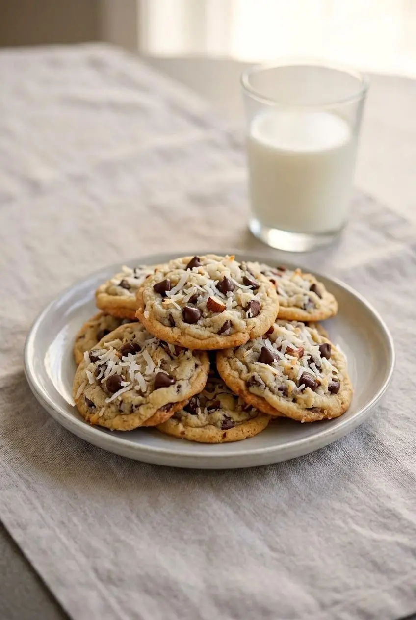 A stack of traditional flour-based cookies with chocolate chips, almonds, and coconut on a ceramic plate.