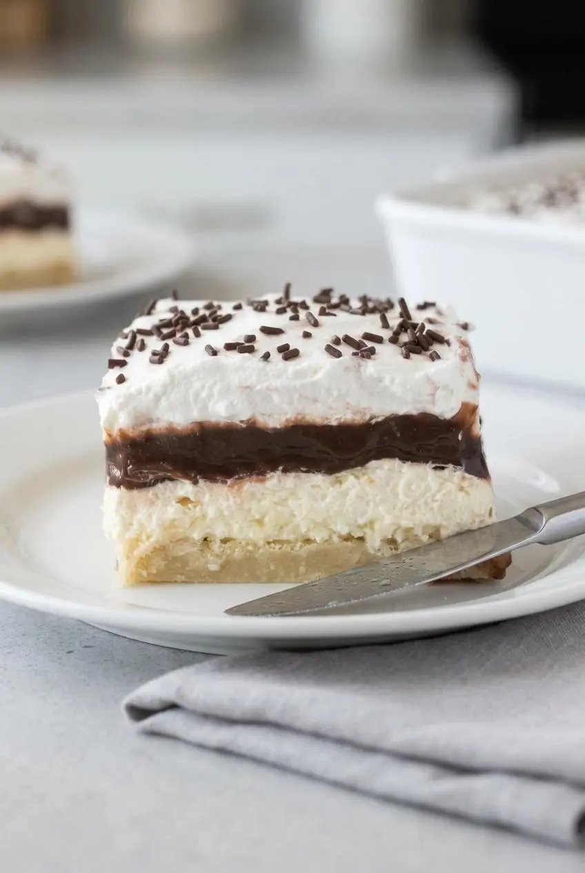 A perfectly clean-cut square of layered chocolate dessert next to a wiped metal knife on a linen napkin.