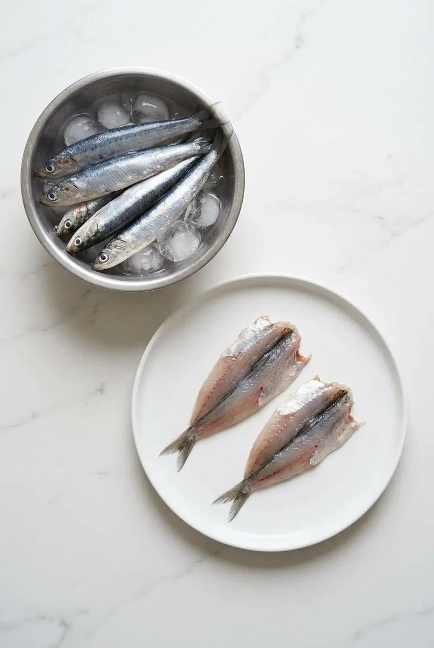 Fresh whole raw anchovies on ice next to clean butterflied raw anchovies on a prep plate.