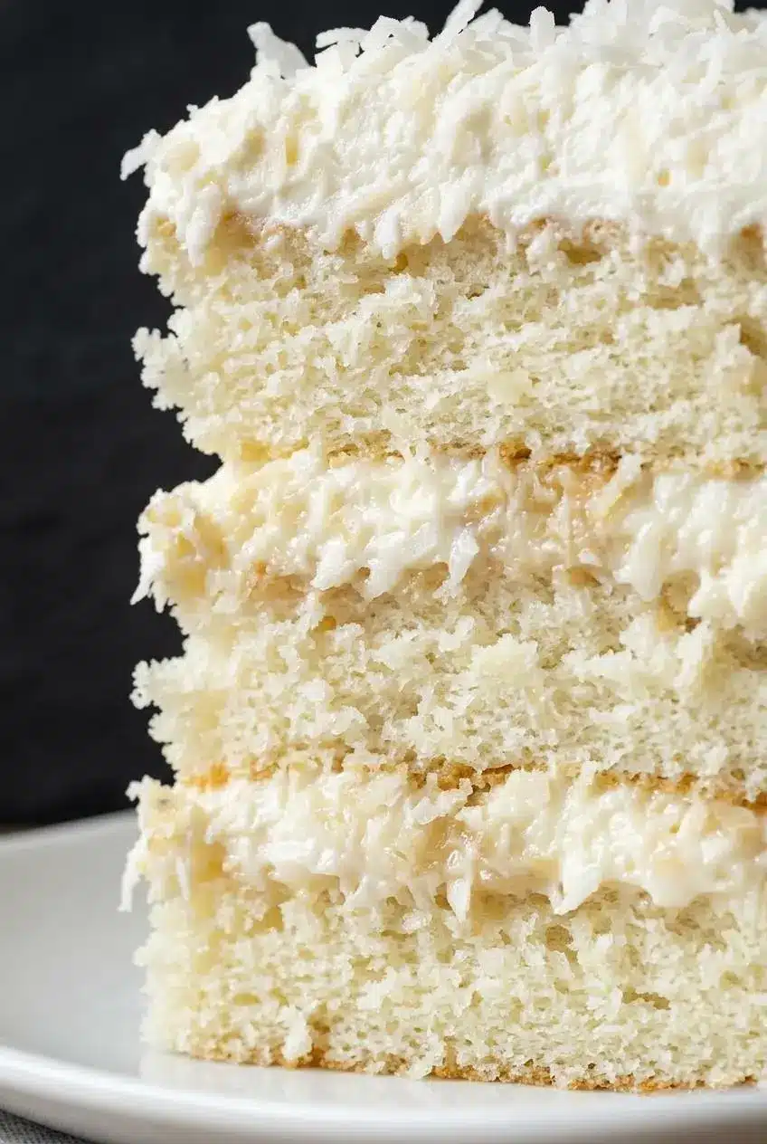 Close-up of the moist crumb and thick whipped frosting on a slice of coconut sheet cake.