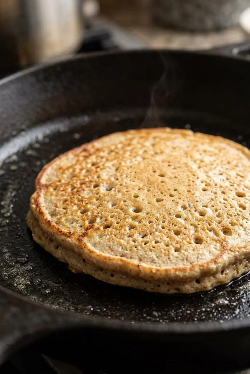 A single banana oat pancake cooking in a cast-iron skillet showing bubbles on the surface and darkened edges.