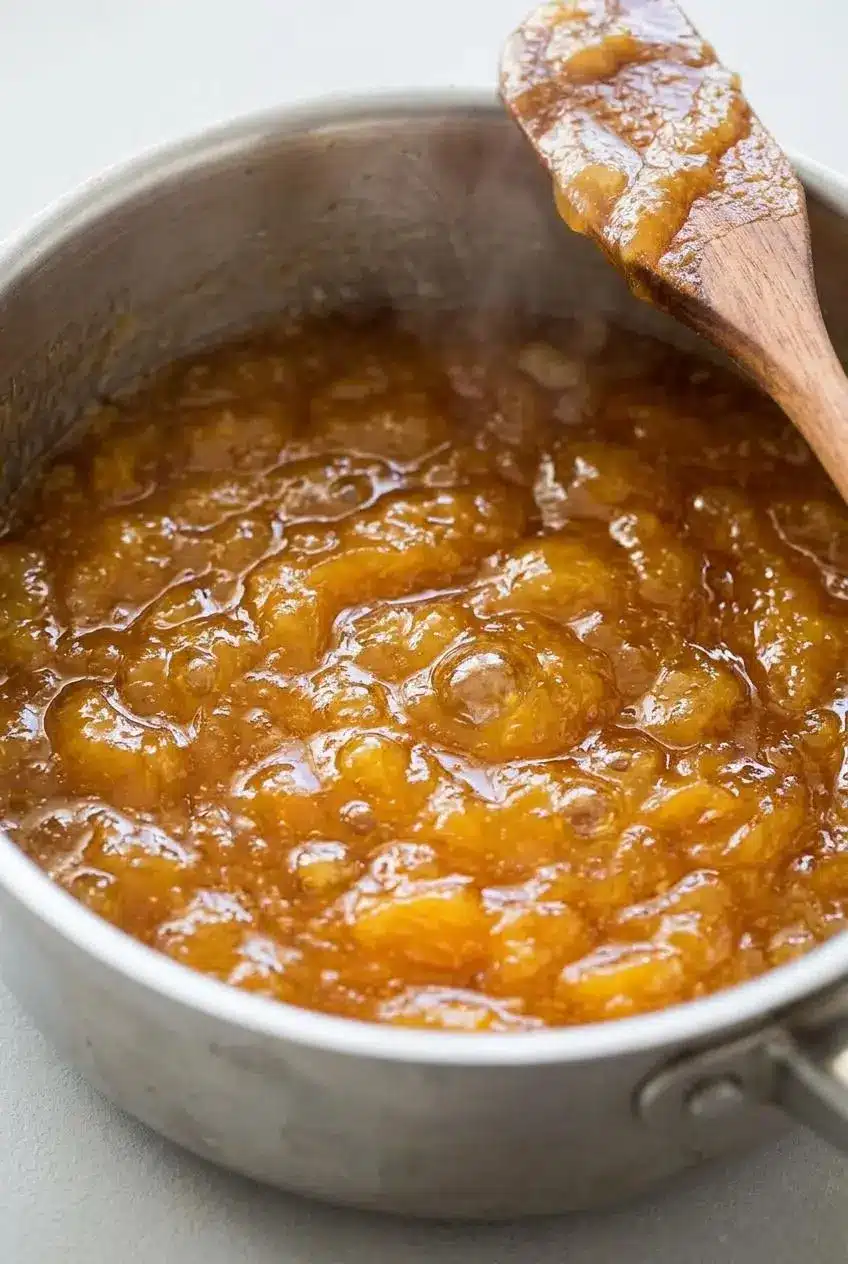 Thick golden peach jam bubbling in a saucepan with a spatula showing the gel point.