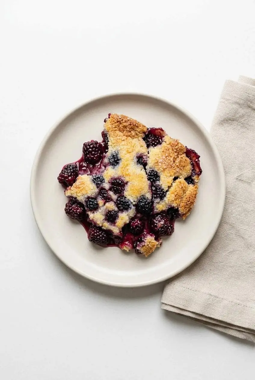 A cooled portion of blackberry cobbler on a small ceramic plate showing clear layers of tender cake and intact berries.