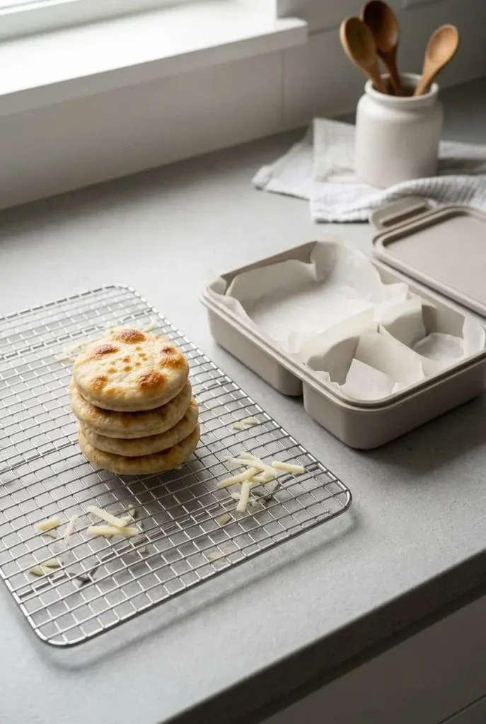 Three round sourdough flatbreads cooling on a wire rack next to an empty bento box with parchment dividers. Homemade Sourdough Pizza Lunchables