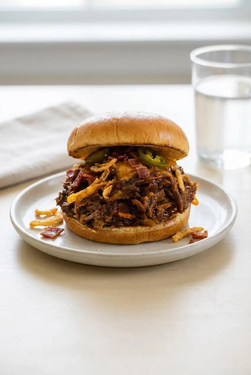 Assembled cowboy beef sandwich stacked high with melted cheese, crispy fried onions, bacon, and jalapeños on a toasted bun.