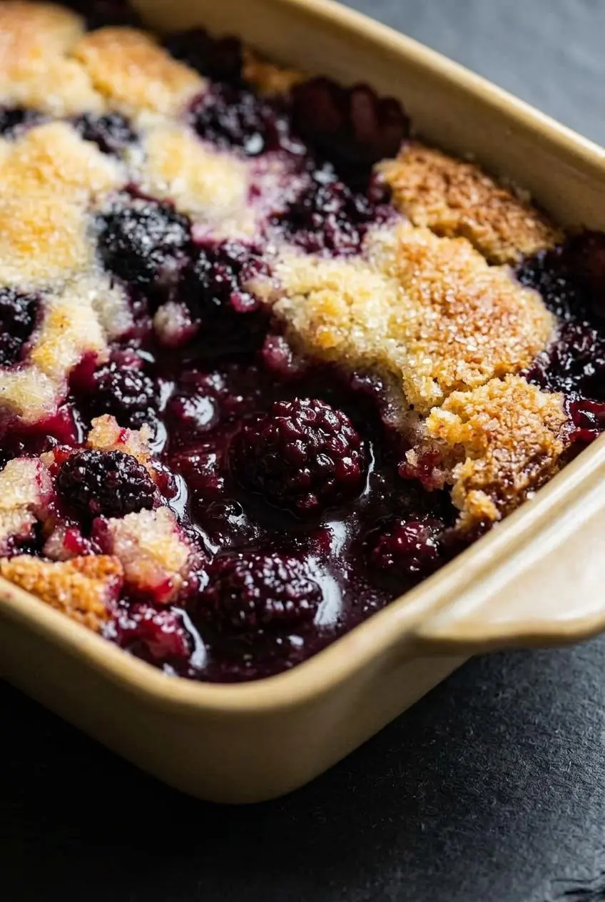 Close up of a crackly golden brown crust peaking through thick and glossy purple blackberry syrup.