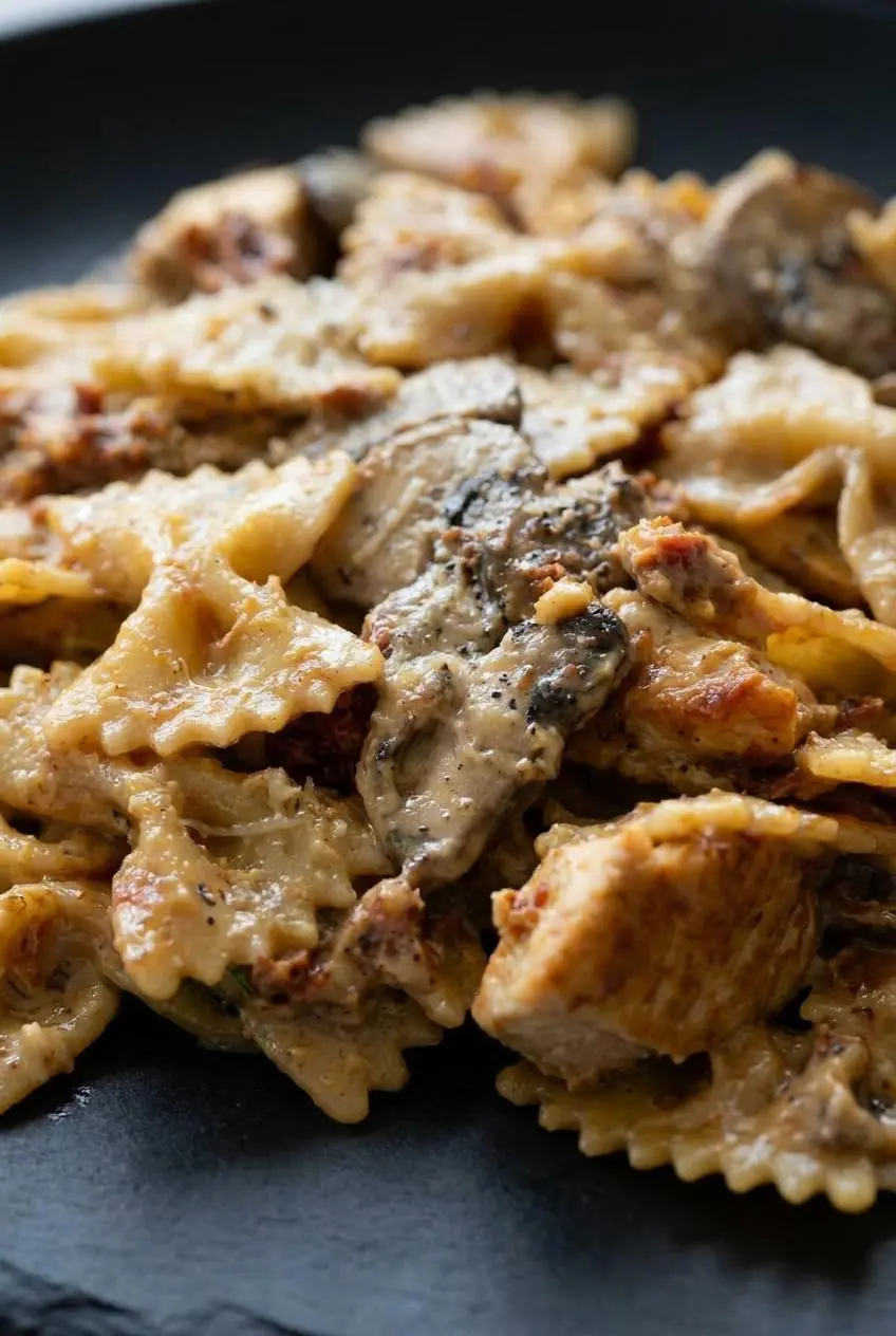 Close-up of glossy garlic Parmesan sauce clinging to bow tie pasta, mushrooms, and sun-dried tomato pieces.