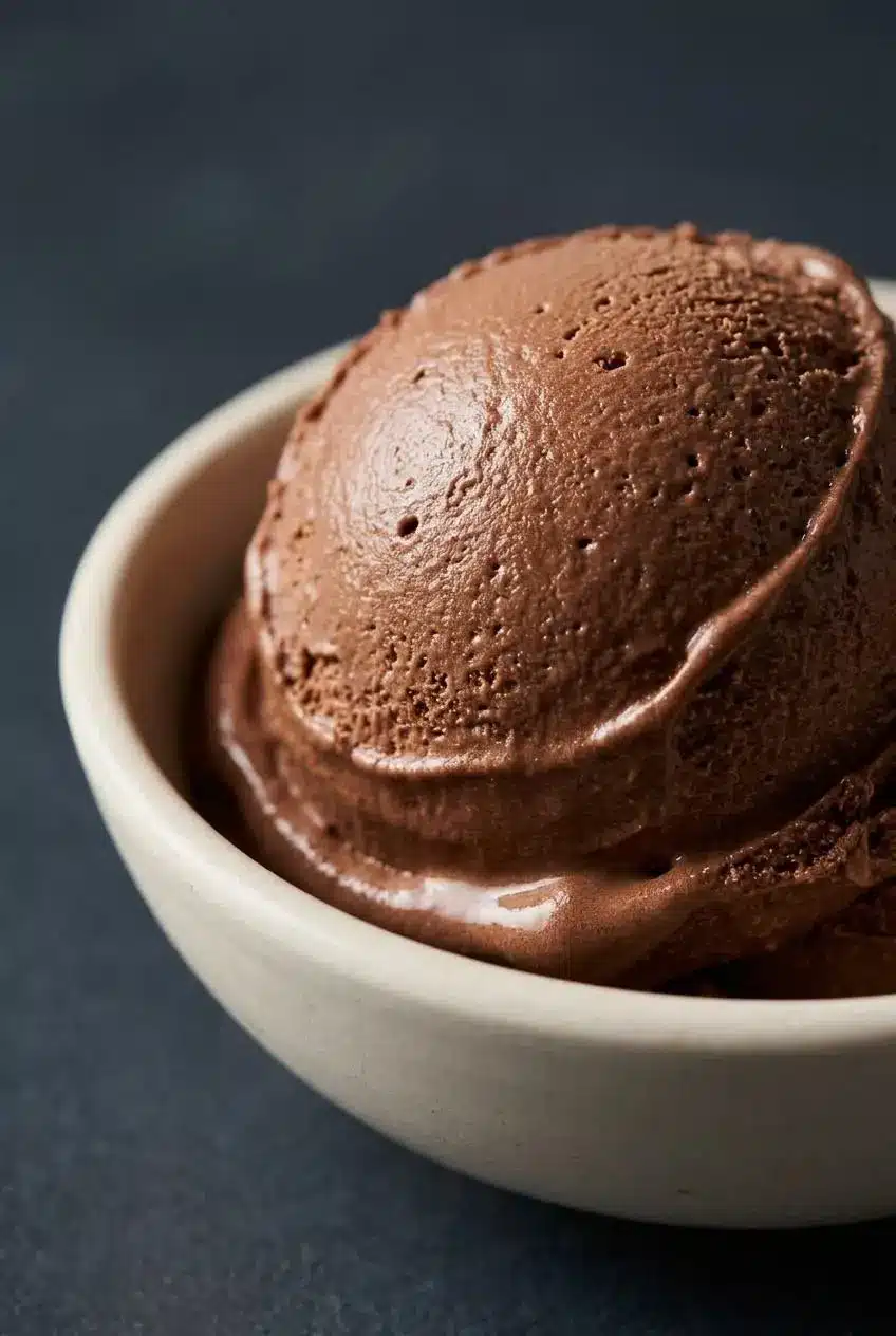 A close-up of a single scoop of eggless chocolate ice cream softening in a small ceramic bowl.