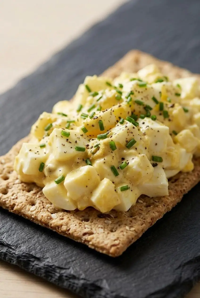 A close-up of creamy, freshly prepared egg salad piled neatly on a textured whole-wheat cracker.