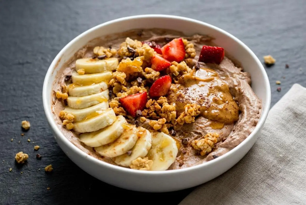 A thick, velvety chocolate peanut butter high protein yogurt bowl topped with fresh berries, banana slices, and crunchy granola.