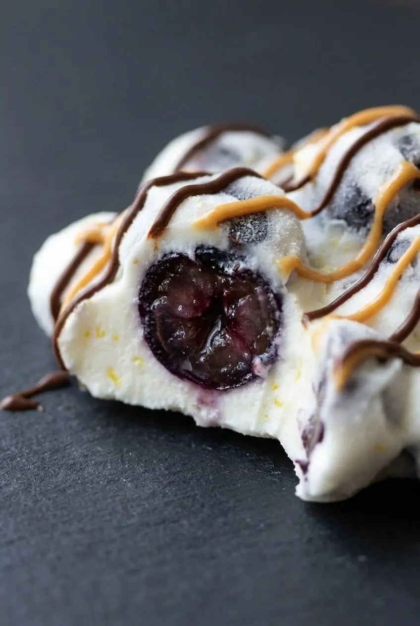 A close-up cross section of a frozen yogurt blueberry cluster showing thick, smooth Greek yogurt clinging to a juicy berry.