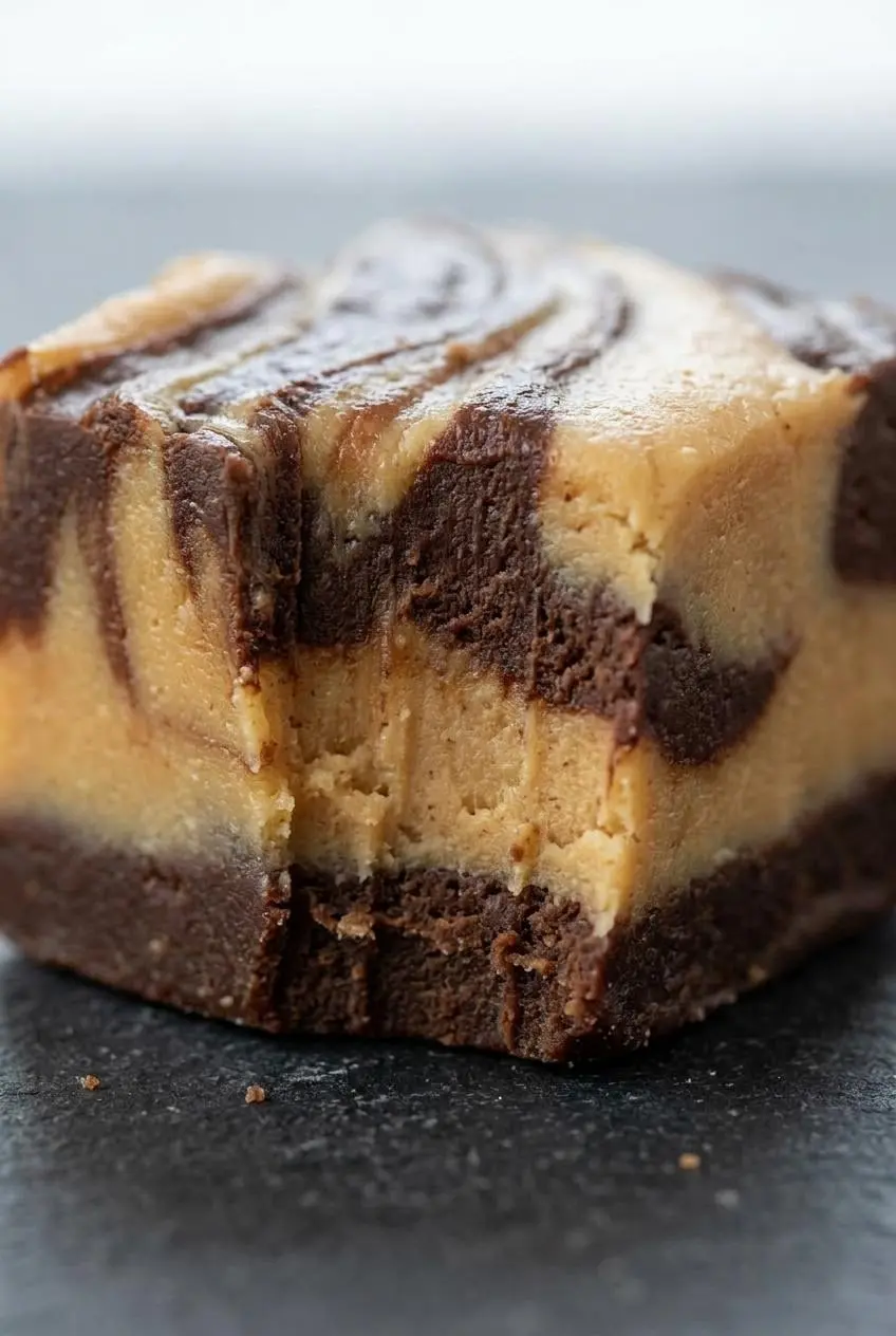 A single cut square of peanut butter cheesecake fudge showing a smooth, lump-free marbled texture on a dark slate surface.