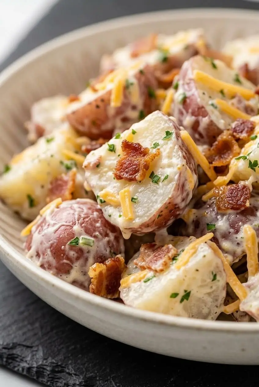 Close up of intact red potatoes completely coated in a thick dairy dressing with bacon and cheddar crumbles.