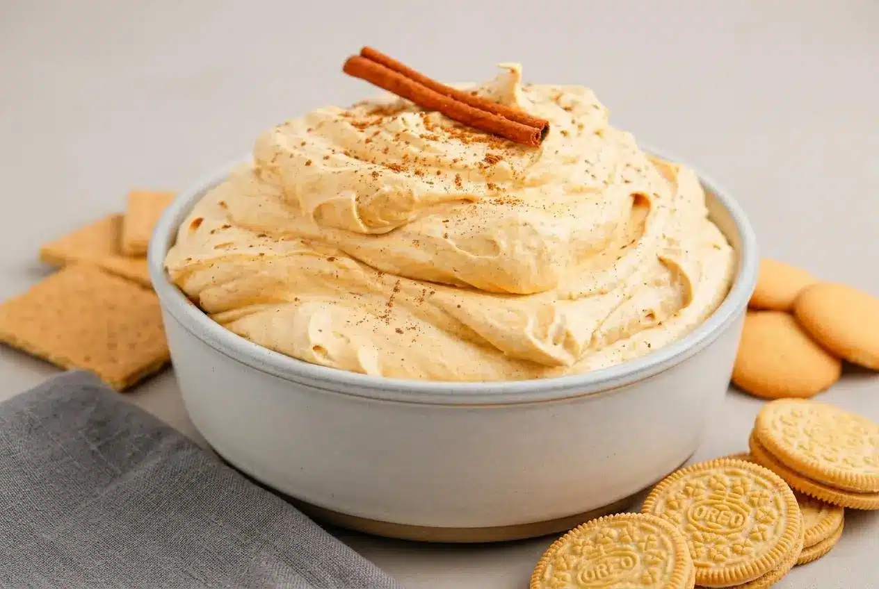 Creamy pumpkin cheesecake dip served in a bowl, showcasing a thick, fluffy, spiced orange texture.