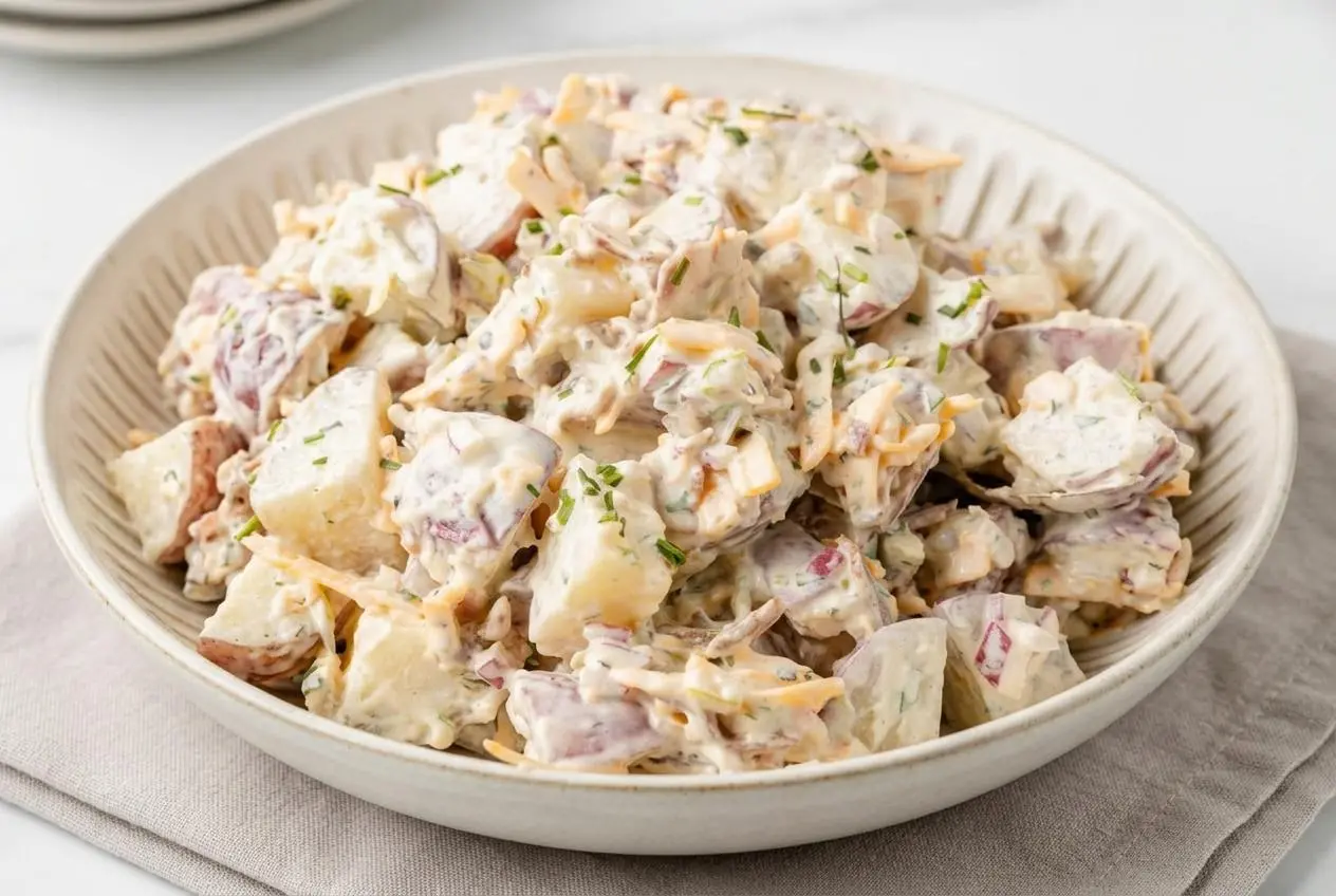 Creamy steakhouse potato salad topped with crispy bacon, shredded cheddar, and fresh chives in a serving bowl.