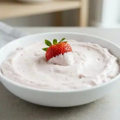 Fluffy pink strawberry fruit dip in a bowl ready to serve.