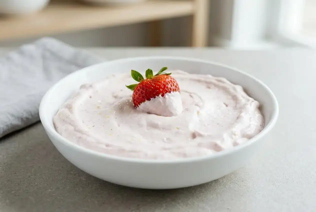 Fluffy pink strawberry fruit dip in a bowl ready to serve.