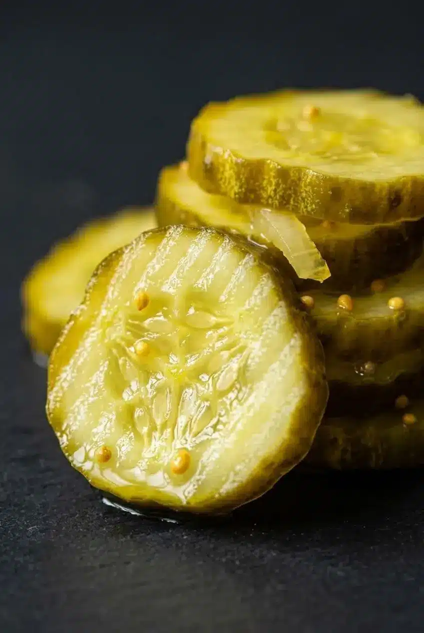 Close-up of stacked turmeric-tinted pickle slices with visible ribbed edges and tiny clinging mustard seeds.