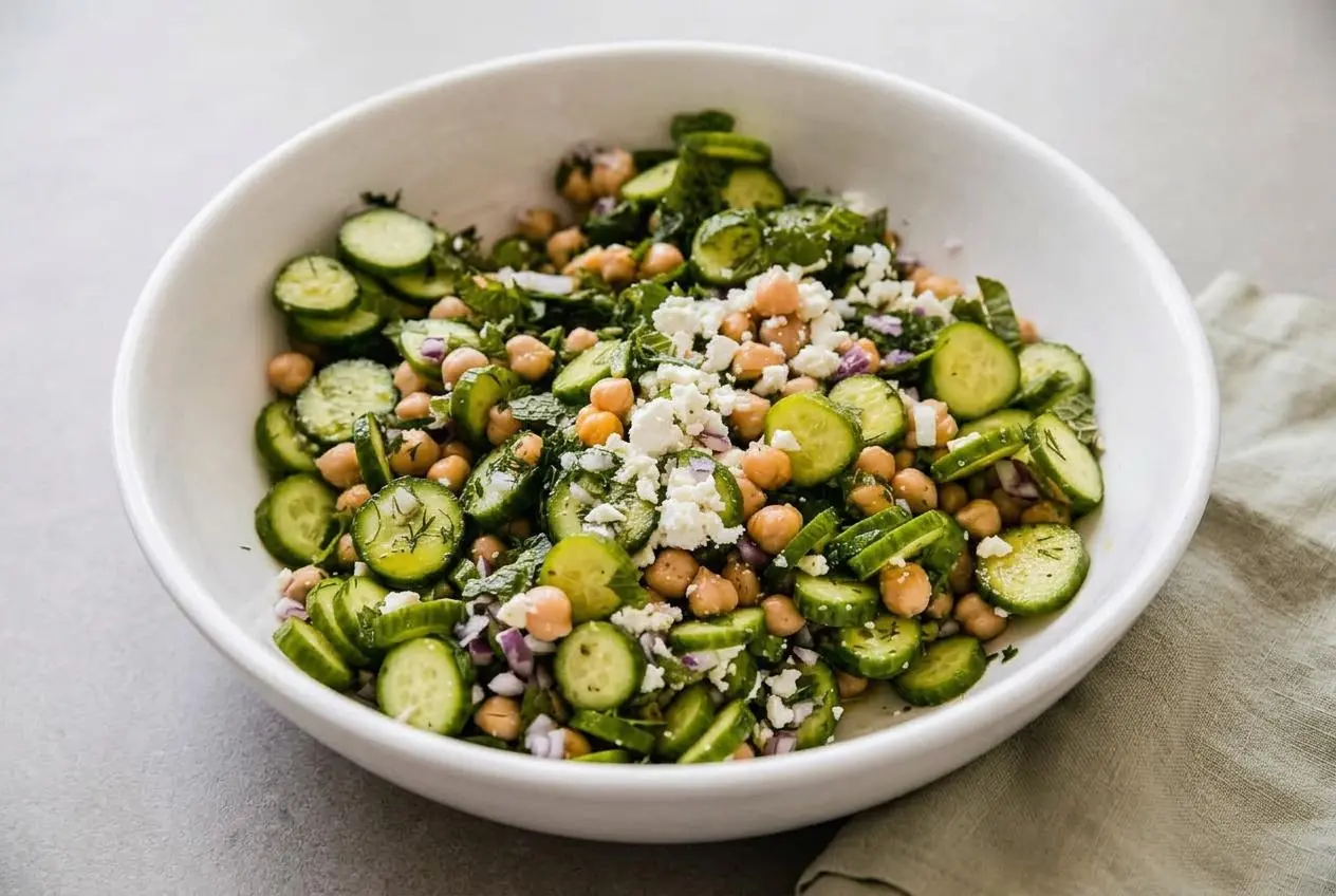 Crisp cucumber chickpea salad with fresh herbs and creamy feta tossed in a bright lemon dressing.