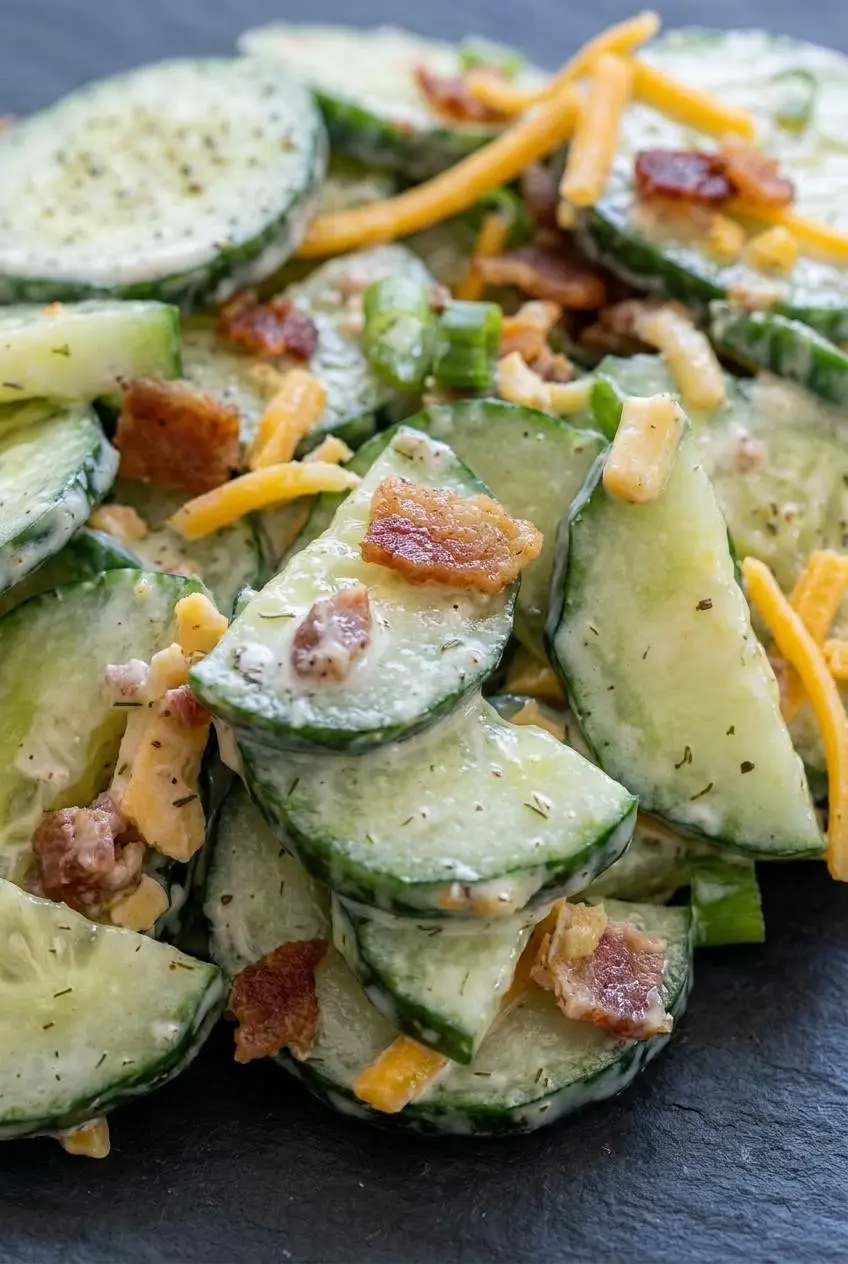 Close-up macro of crisp sliced English cucumbers tossed in glossy ranch dressing with dill, bacon, and cheddar cheese.