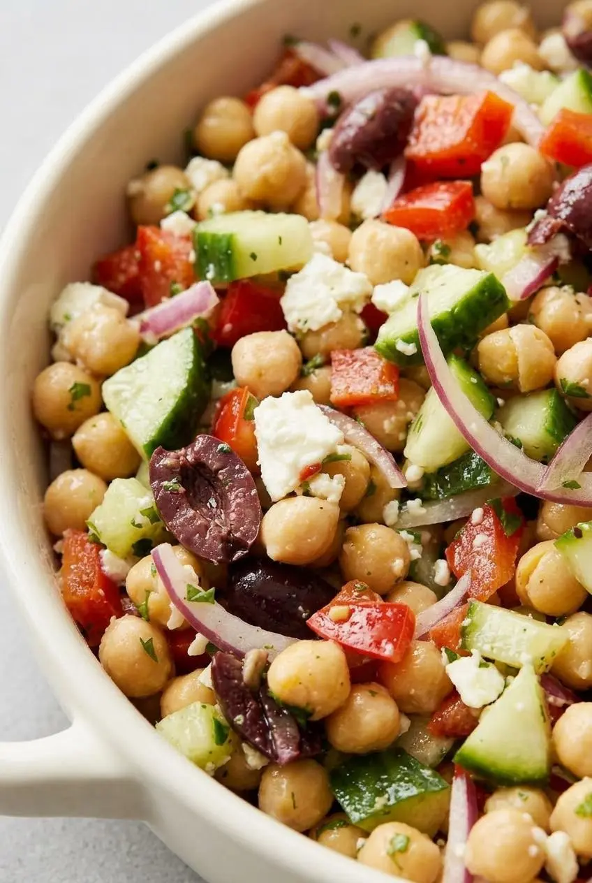Close up of chickpea salad showing crisp cucumber slices without seeds, chunky feta, and olives glistening with dressing.