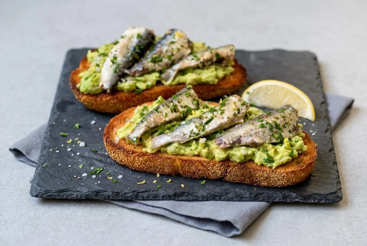Crisp sardine toast topped with thick mashed avocado, marinated brisling sardines, fresh parsley, and lemon zest.