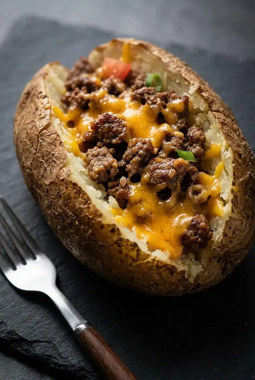 Close up of a fork-tender baked potato with a crisp skin, filled with juicy browned beef and melted cheddar cheese.