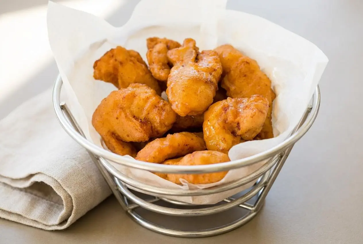 Crispy golden Chinese chicken fingers served on a platter with sweet and sour dipping sauce.