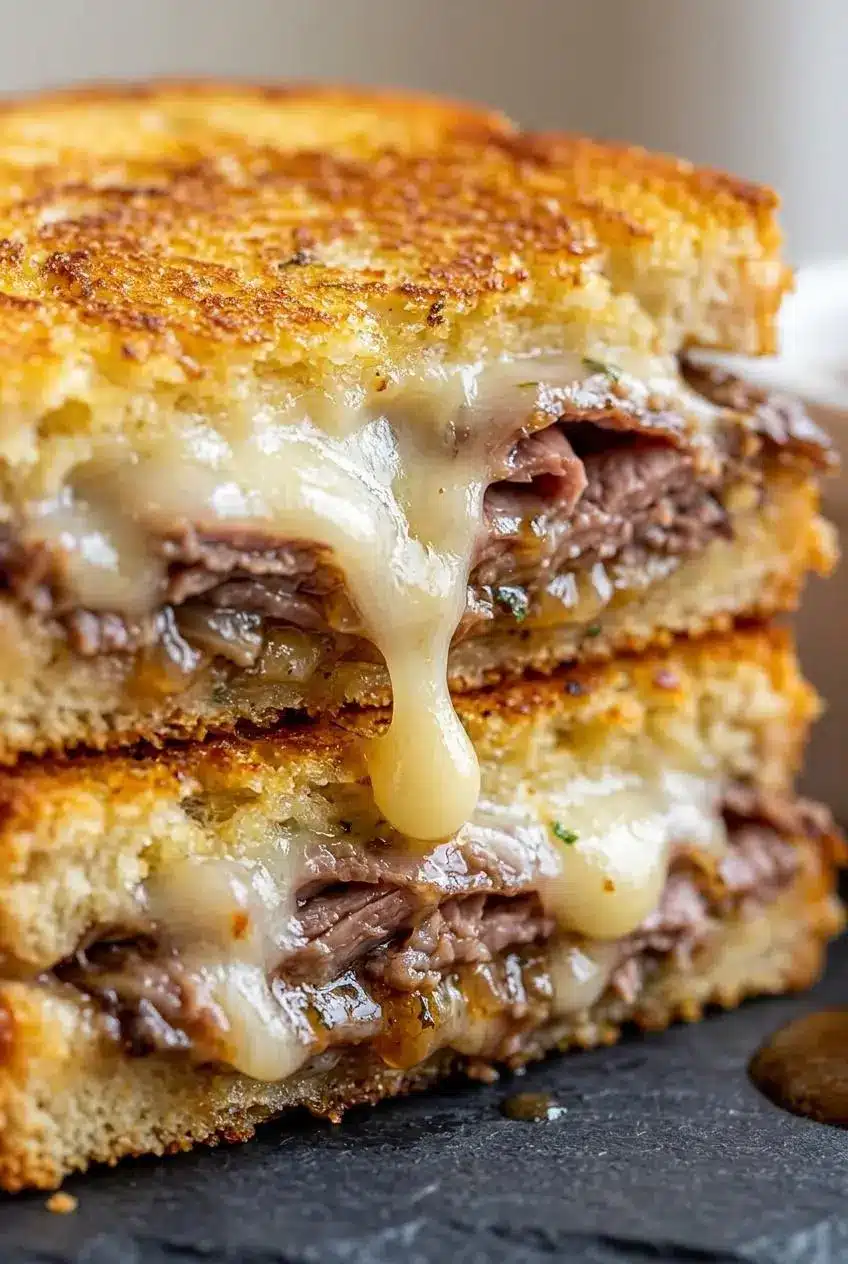 Macro view of a sliced grilled cheese with a crispy golden crust and gooey melted Swiss cheese layers.